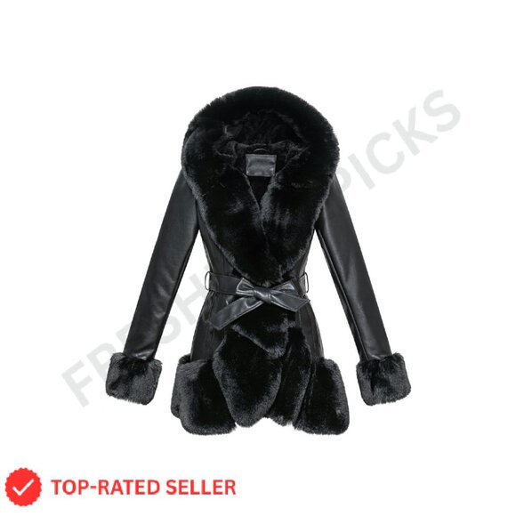 Faux Leather Belted Coat with Faux Fur Collar Hooded Winter Chic Elegant